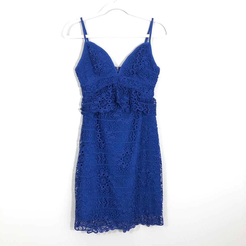 Guess Cobalt Bright Blue Peplum Lace Midi Dress - Picture 3 of 9